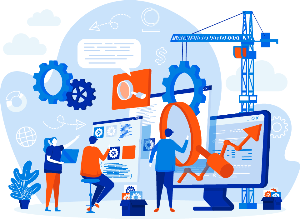 Tech workspace illustration with gears, a crane, and people collaborating on software development and data analysis